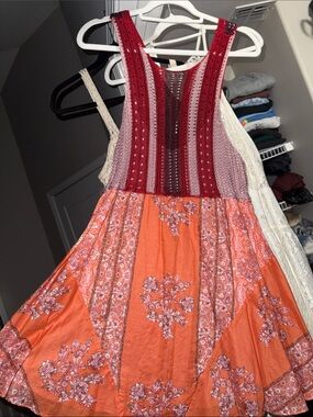 Free People Red Crochet Bodice Mini Dress with Orange Printed Skirt